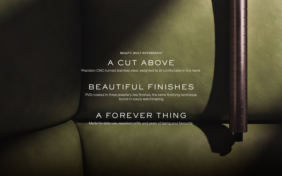 Karen Betts pen on green leather with the text "A cut above", "Beautiful finishes" and "A forever thing"