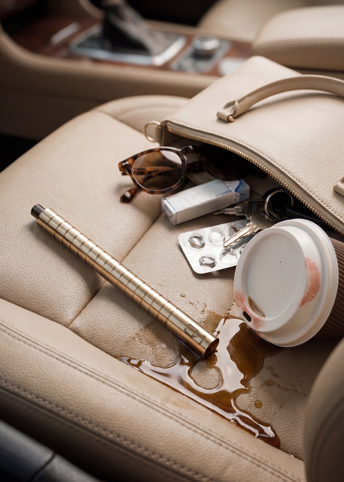 Gold-toned Karen Betts pen on a car seat beside a spilt coffee, sunglasses and an open handbag