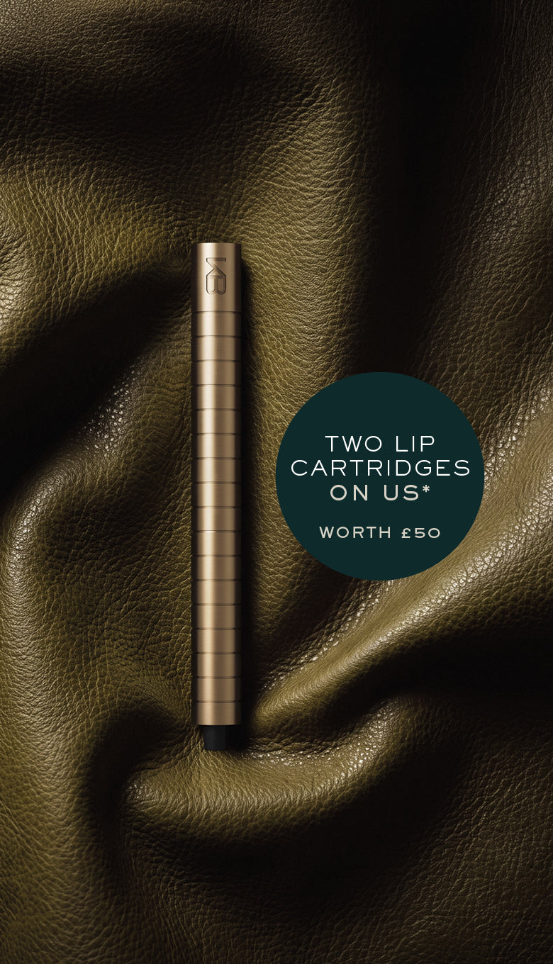 Karen Betts pen in Champagne on olive leather with a roundel reading "Two lip cartridges on us* – worth £50"