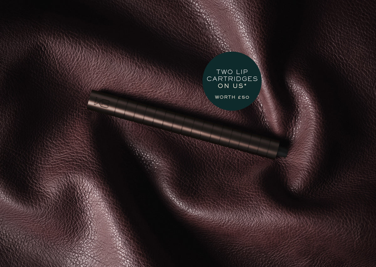 Karen Betts pen in Chocolate on plum leather with a roundel reading "Two lip cartridges on us* – worth £50"