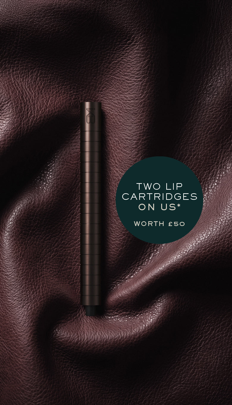 Karen Betts pen in Chocolate on plum leather with a roundel reading "Two lip cartridges on us* – worth £50"