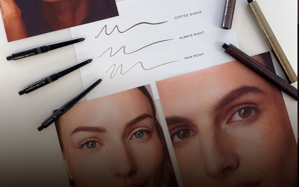 Brow swatch card for Coffee Queue, Always Right and Fair Point with brow cartridges, pens and model photos