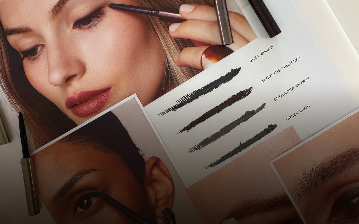 Eye swatch card for Just Wing It, Open The Truffles, Smoulder Anyway and Green Light with eye cartridges and model photos