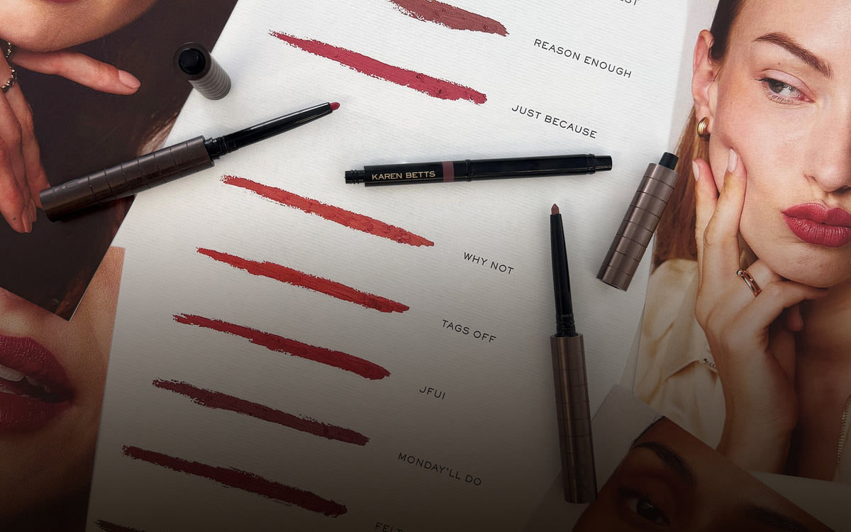 Lip swatch card naming shades including Reason Enough, Just Because, Why Not, Tags Off, JFUI and Monday'll Do, with pens and model photos